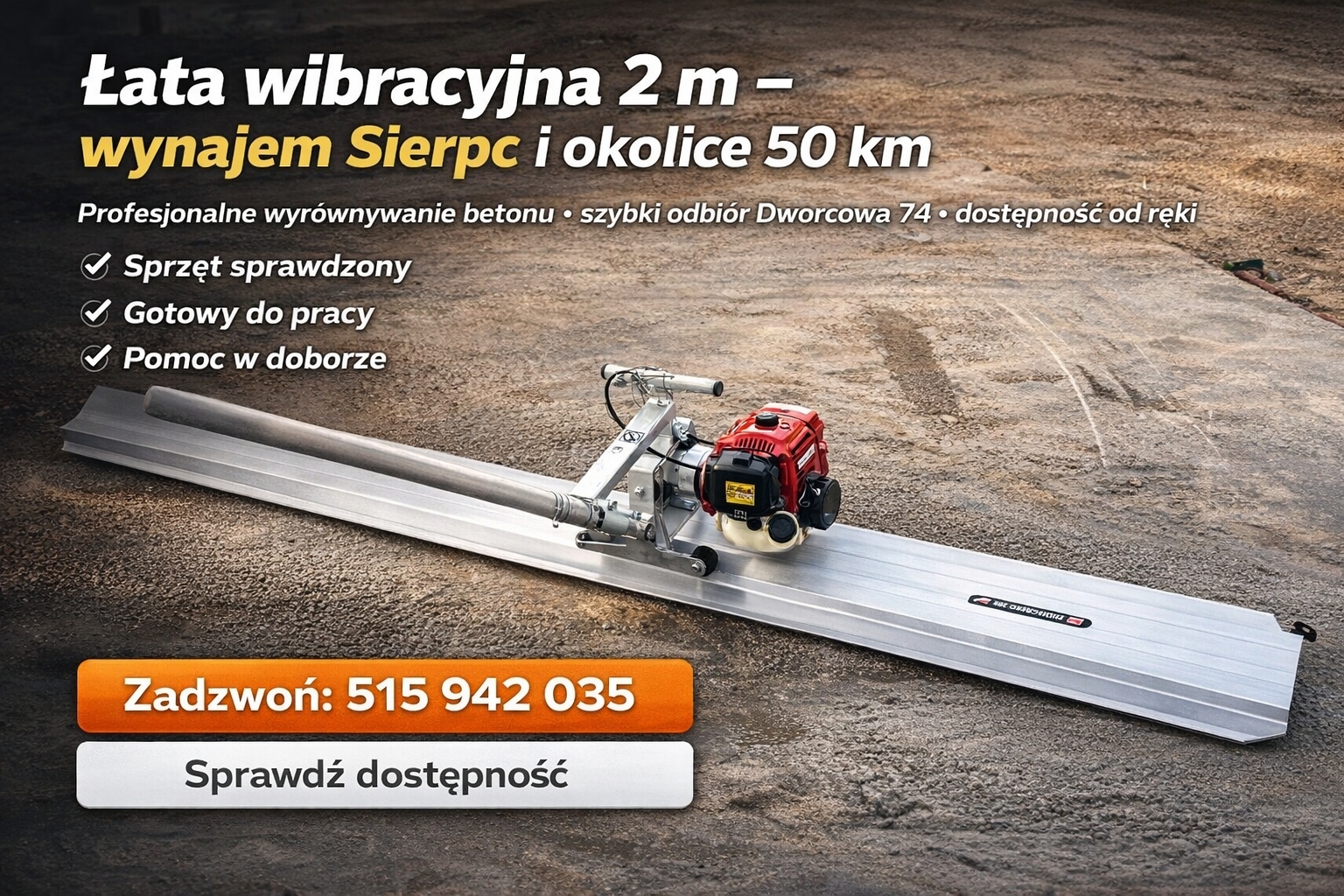 Listwa wibracyjna 2 m do betonu – wynajem Sierpc