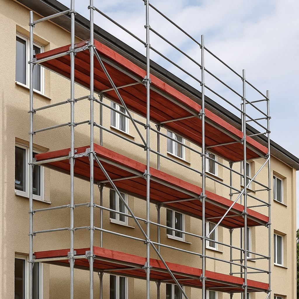 Rusztowanie Plettac przy bloku – budynek wielopiętrowy