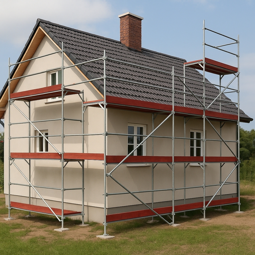 Rusztowanie Plettac przy elewacji domu jednorodzinnego – wynajem Sierpc