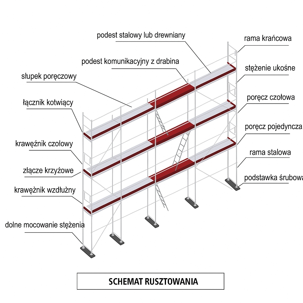 Schemat elementów systemu rusztowań elewacyjnych