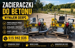 Maszyny do zacierania betonu ustawione na paletach, przygotowane do pracy na budowie