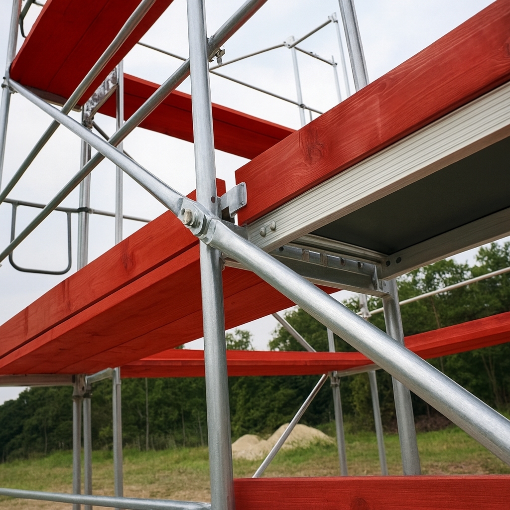 Zbliżenie elementów systemu: pomosty, poręcze, stopy regulowane